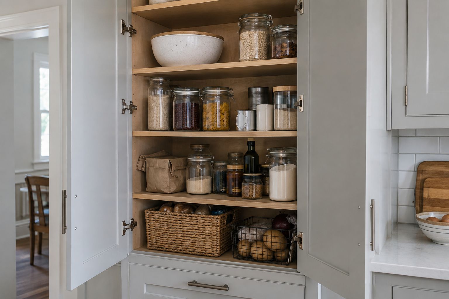 Design visualization: Open pantry cabinet with adjustable shelves, jars and clear door swing