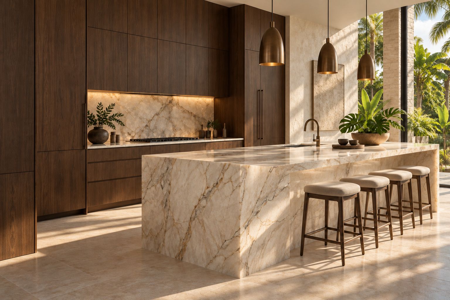 Stone waterfall island, walnut cabinetry, and bronze pendants in a warm architectural interior