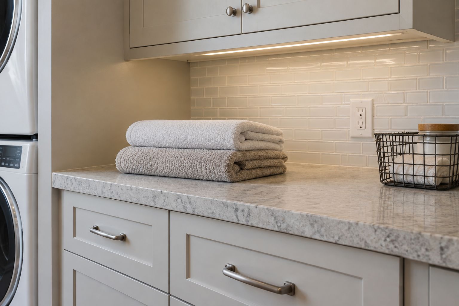 Design visualization: Folding counter corner with cabinet drawers and a restrained recessed LED wash