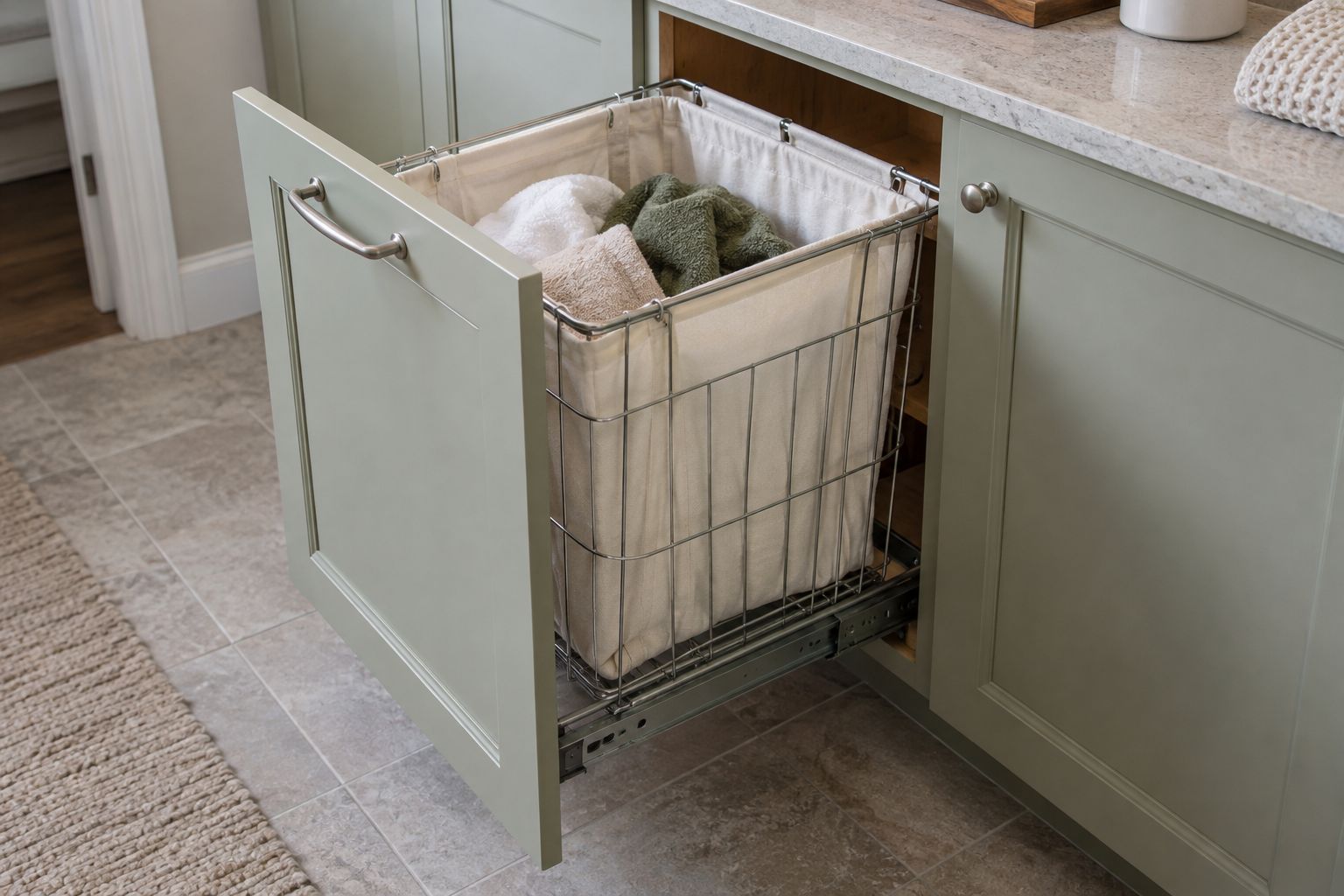 Design visualization: Pull-out laundry hamper on metal slides within a painted cabinet