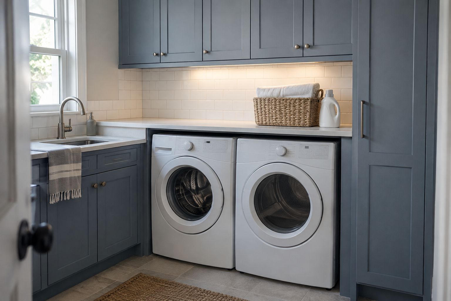 Design visualization: Blue-gray laundry cabinetry around two front-loading machines and a folding counter