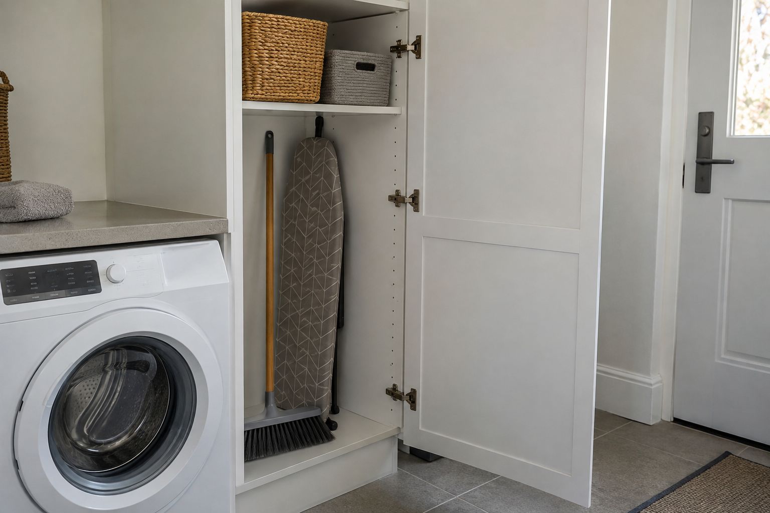Design visualization: Tall utility cupboard with a shelf, broom storage and accessible hinges