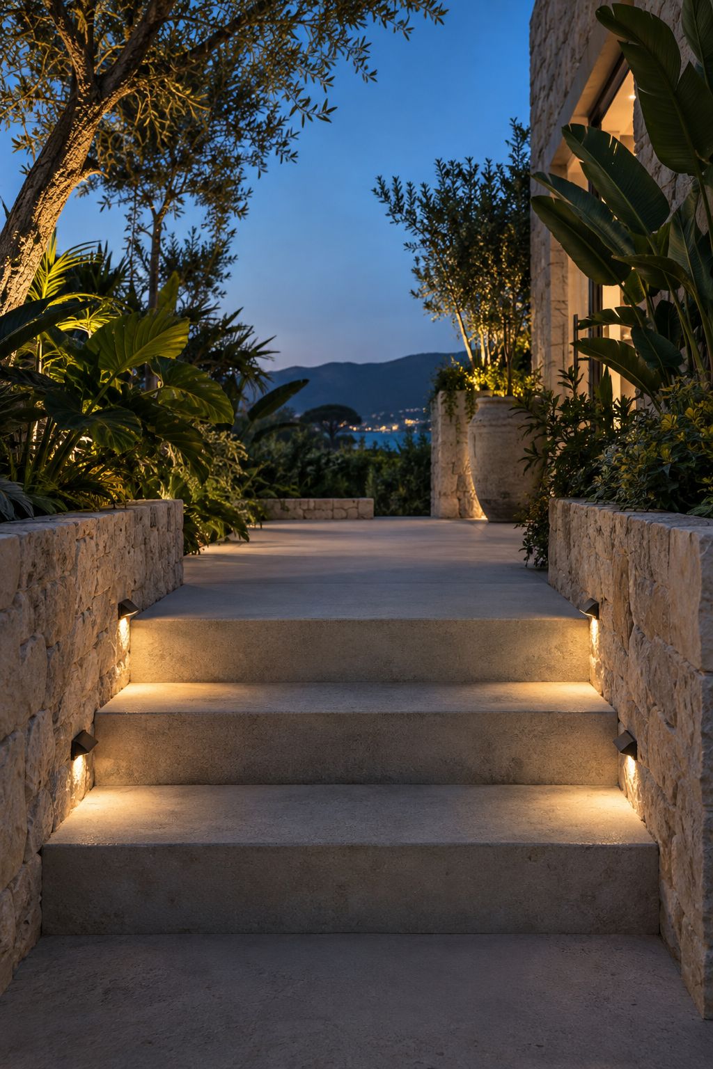 Recessed step lights illuminate broad concrete garden stairs between limestone walls