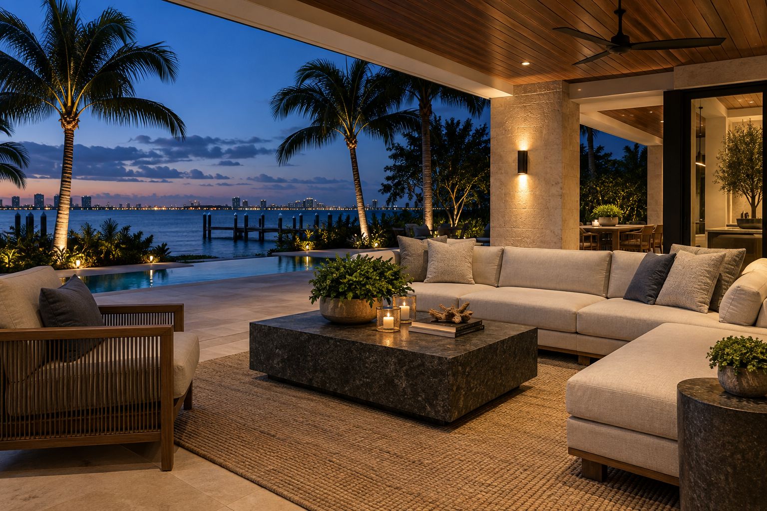 Discreet wall and garden lighting connects a covered lanai lounge with tropical planting
