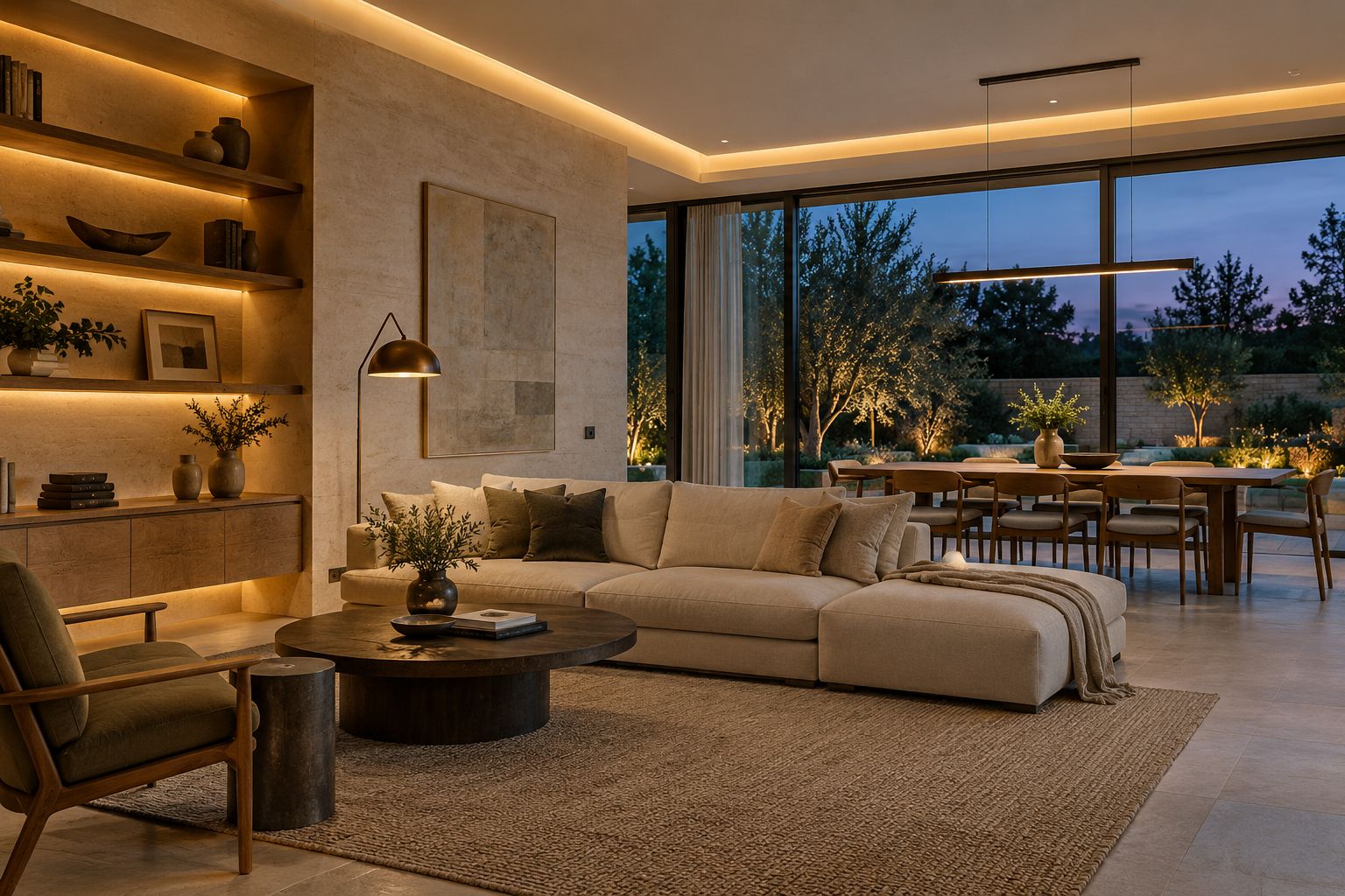 Layered shelf, ceiling, reading and dining light in a warm oak and limestone living room