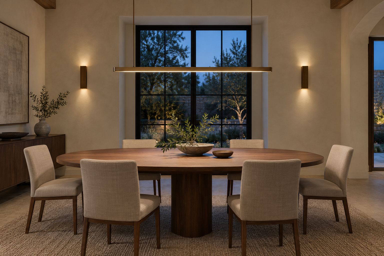 A slender bronze linear pendant lights a walnut dining table at dusk