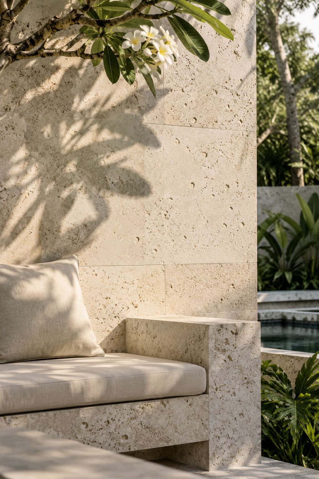 Pale limestone courtyard bench and wall with a linen cushion and dappled frangipani shadows