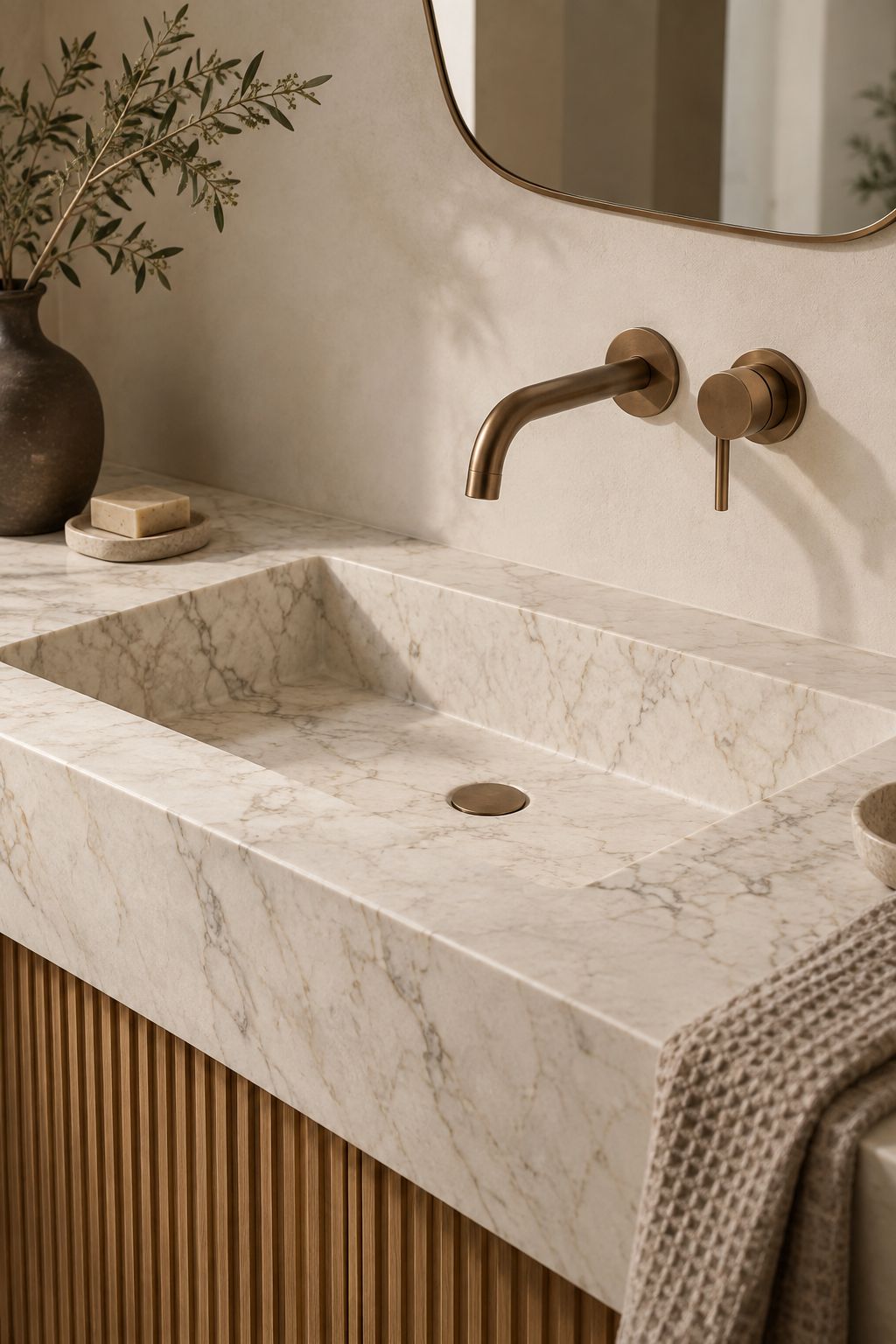 Cream marble integrated basin with bronze wall faucet above fluted oak cabinetry