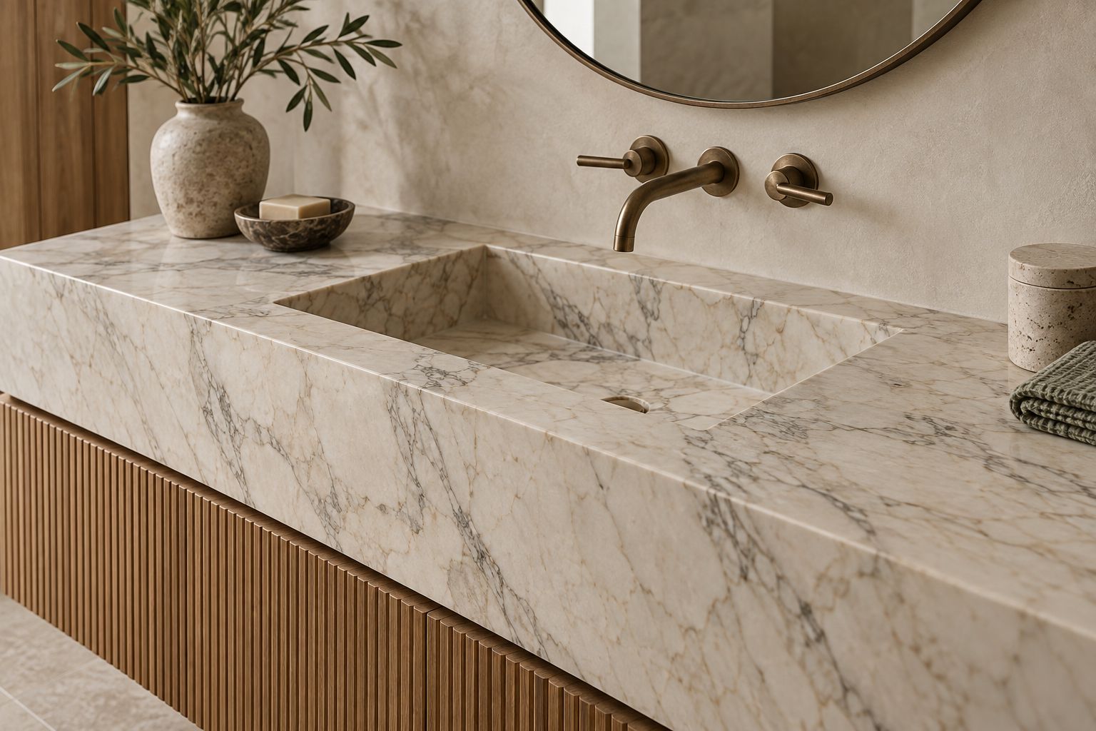 Cream marble vanity and rectangular basin above fluted oak with bronze wall taps