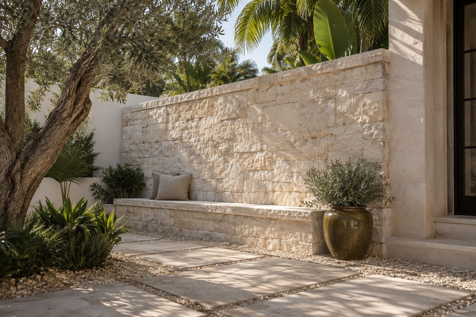 Limestone courtyard wall with a built-in bench, pale pavers and tropical plants