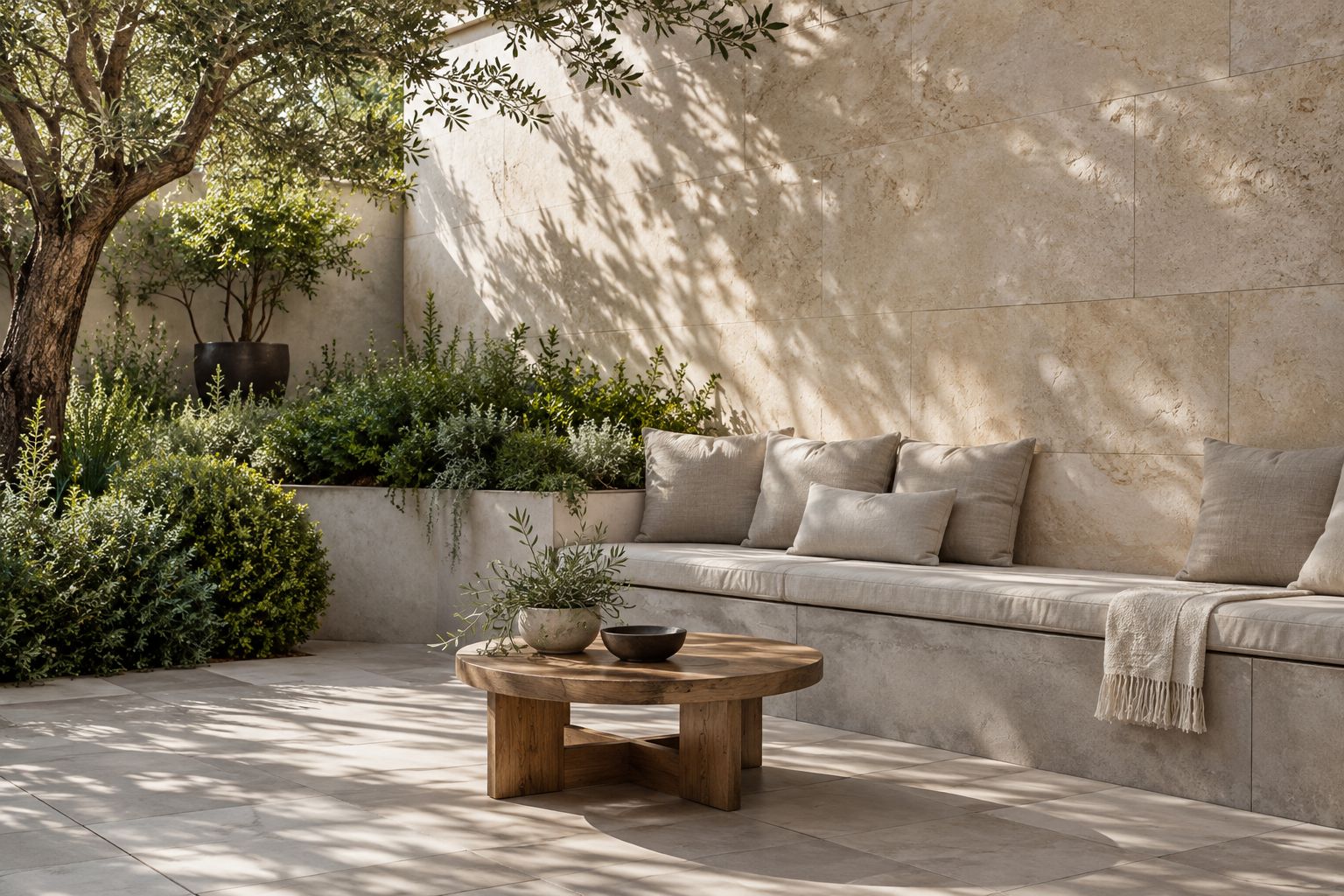 A textured limestone courtyard feature wall behind a concrete bench and linen seating