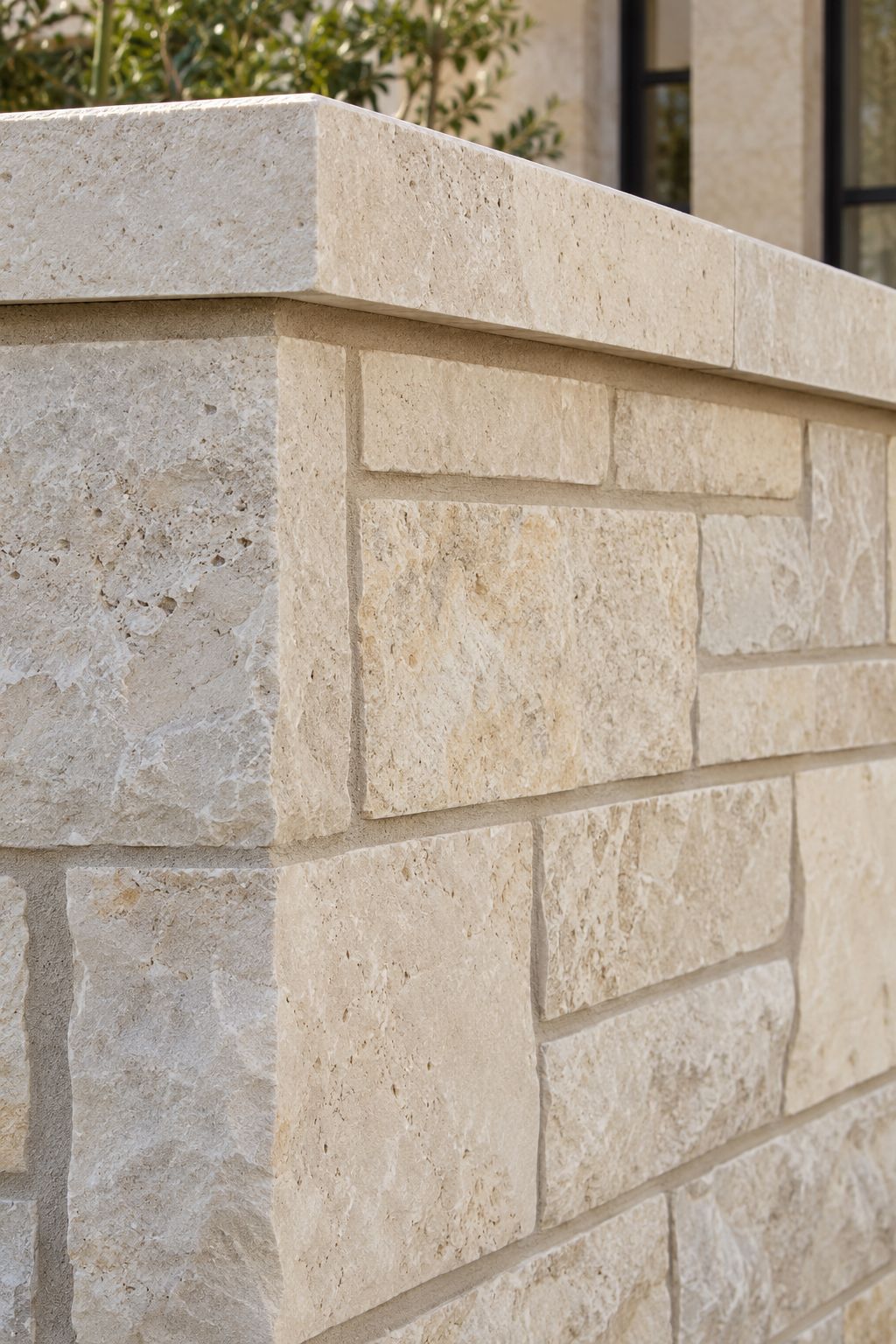 Recessed mortar joints and a neatly formed coping junction in pale limestone masonry