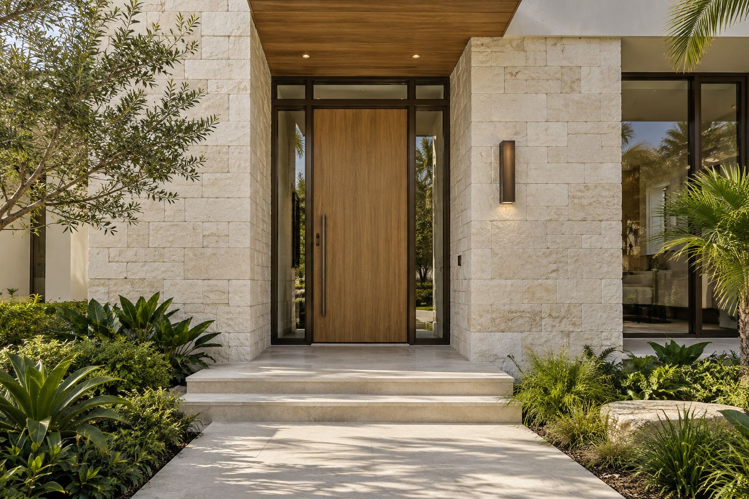 Coursed pale limestone veneer frames an oak entry door with bronze details