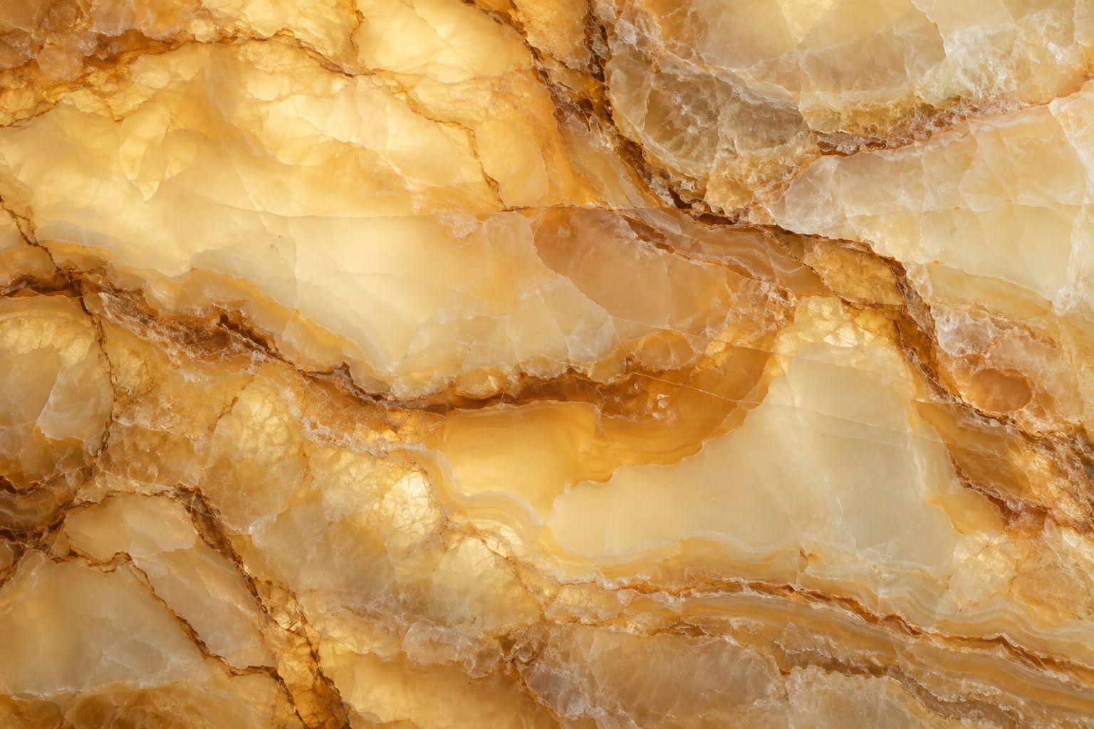 Backlit honey-amber onyx with cloudy ivory bands and translucent mineral depth