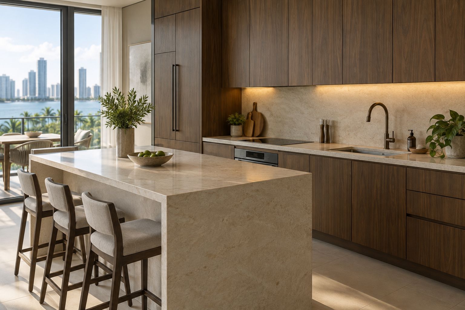 Pale stone waterfall island, walnut cabinets and warm task lighting beside a waterfront apartment window