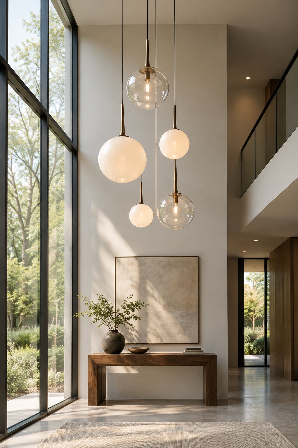 A sculptural cluster of clear and opal glass pendants with bronze fittings in a tall modern interior