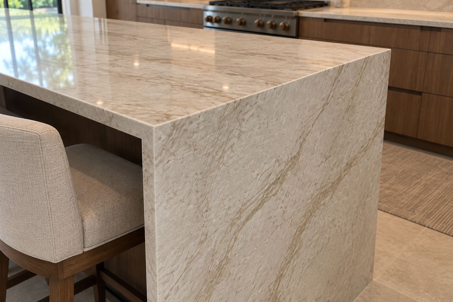 Design visualization of the quartzite pattern meeting at a kitchen island waterfall edge