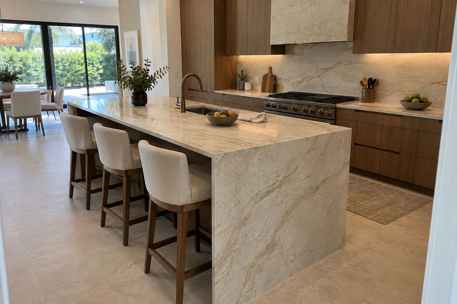 Design visualization of an ivory quartzite waterfall island with walnut cabinets and a matching backsplash