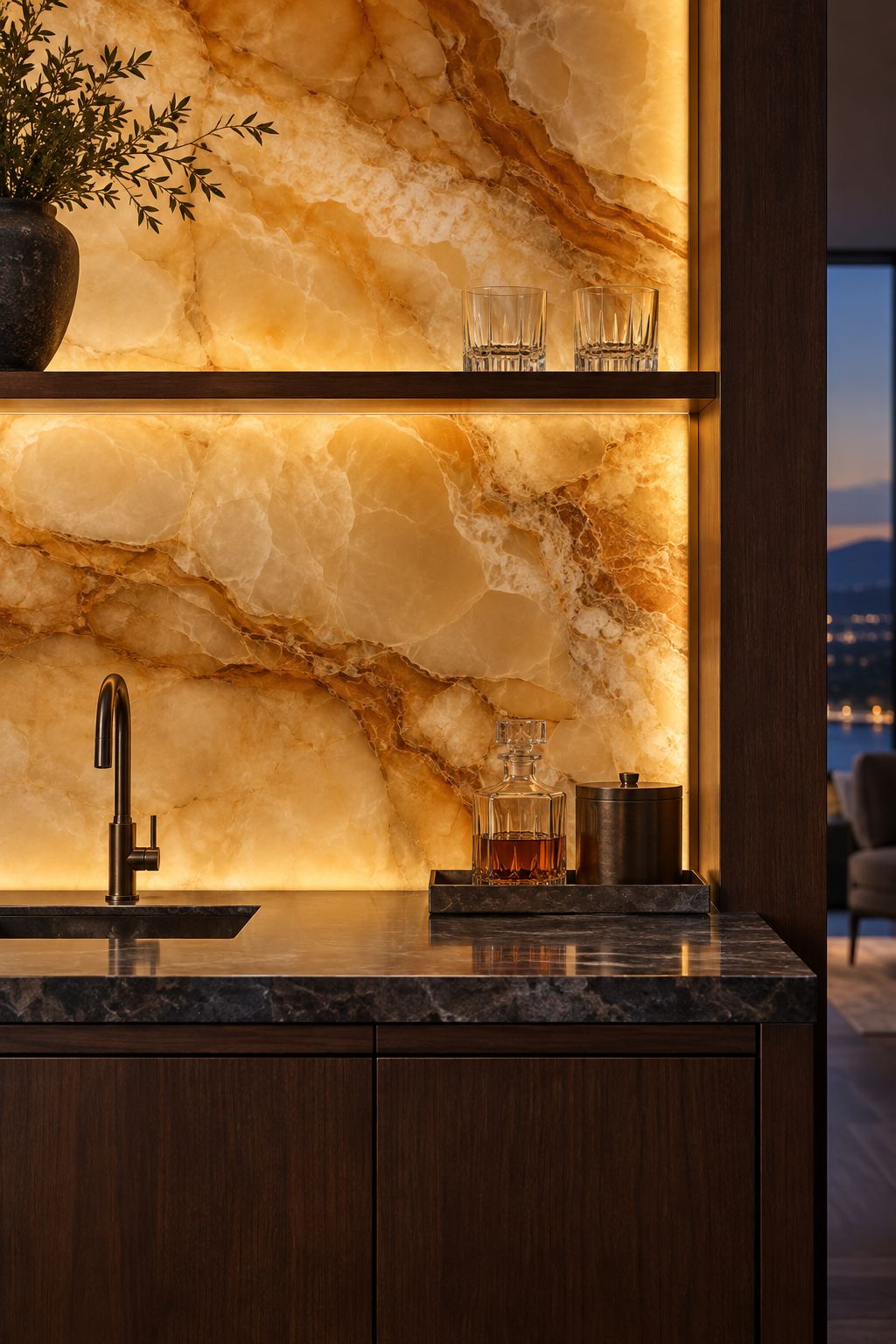 Glowing honey-amber onyx behind a bronze shelf, clear tumblers and dark walnut bar cabinetry