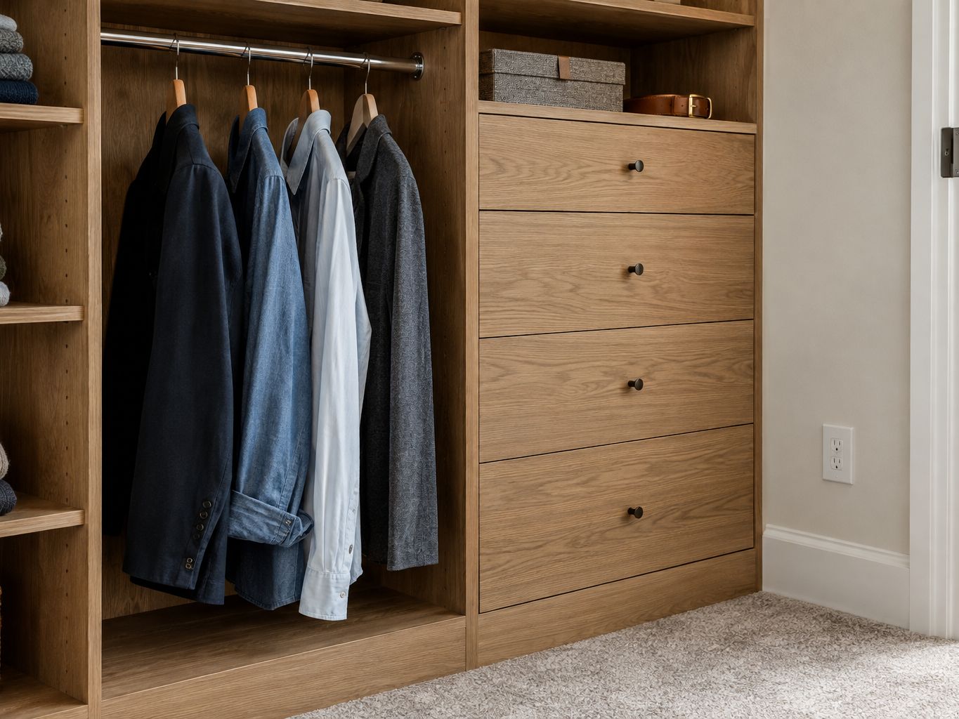 Design visualization: Oak wardrobe drawers beneath a hanging bay of varied everyday clothes