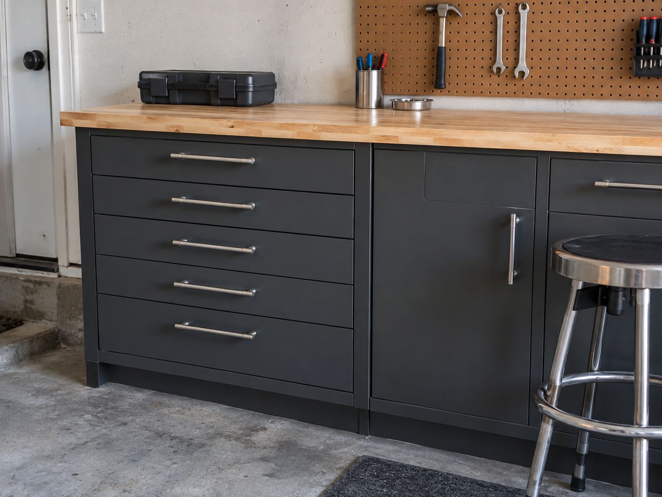 Design visualization: Garage drawer unit under a wooden bench with a small tool board