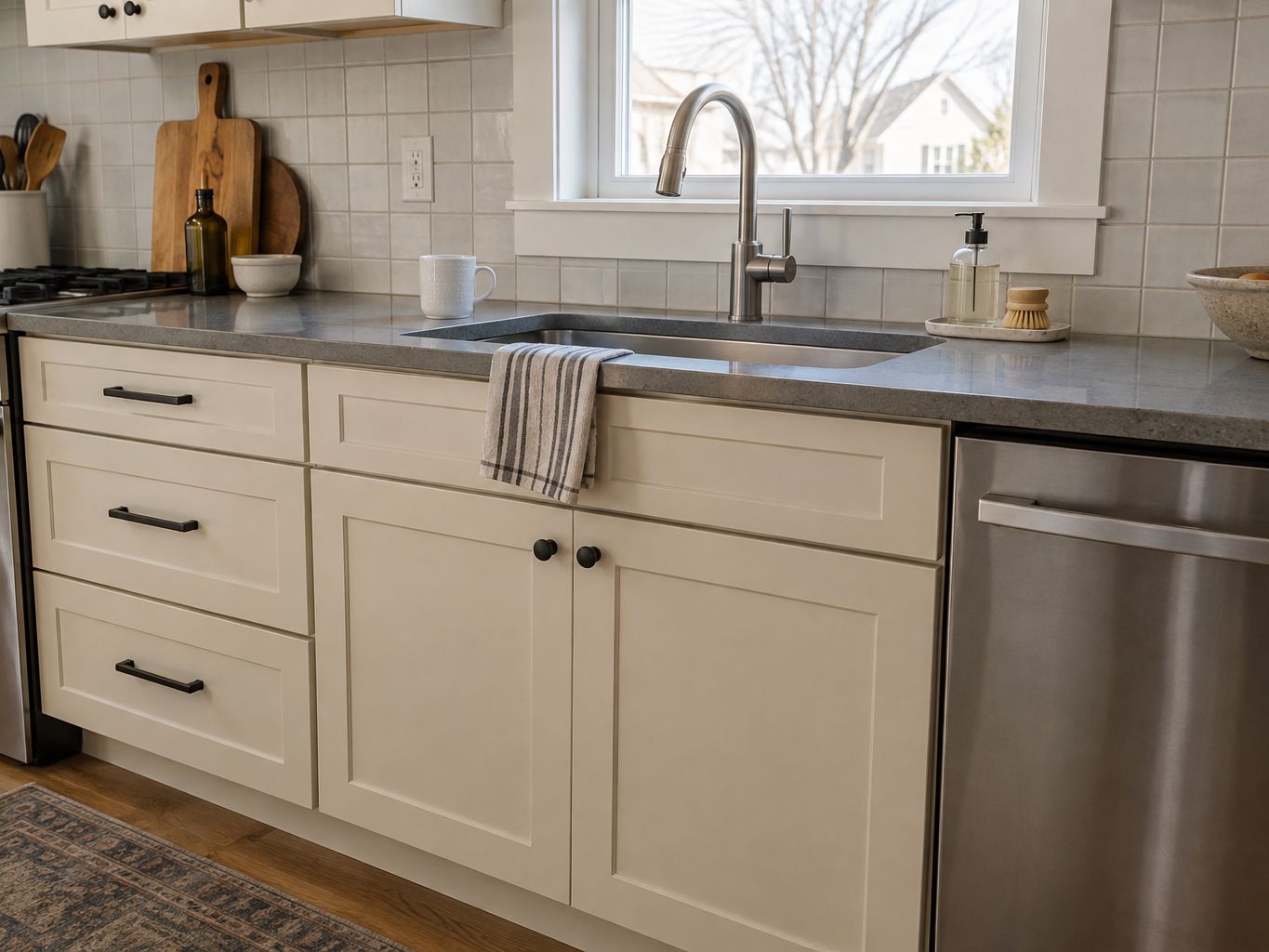 Design visualization: Kitchen prep zone with cream cabinet drawers, black pulls and a small sink