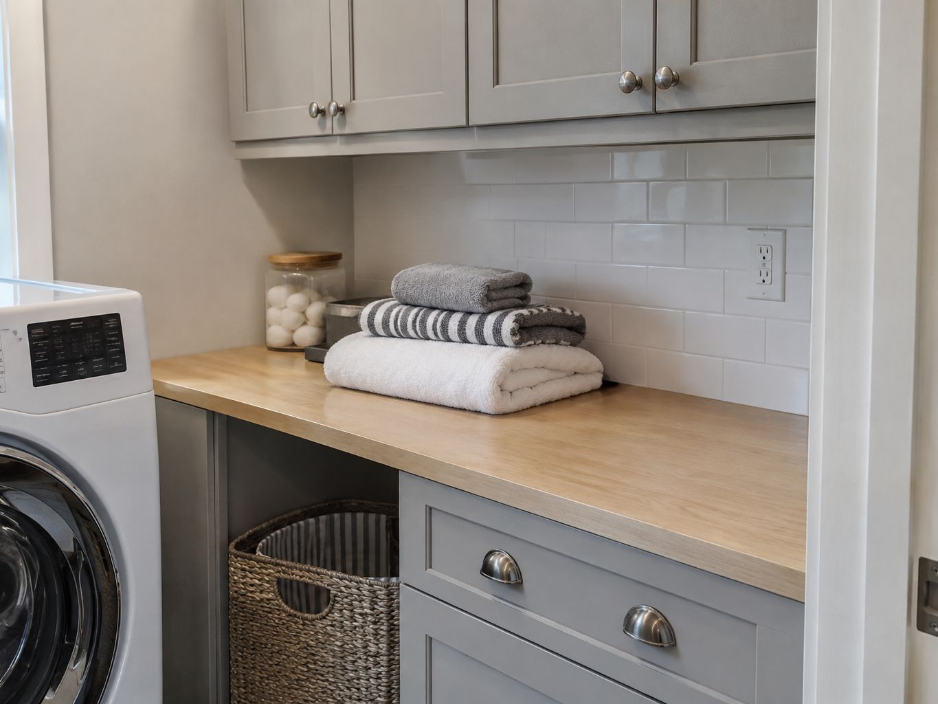 Design visualization: Warm gray utility cabinets beside a washing machine and a folding shelf