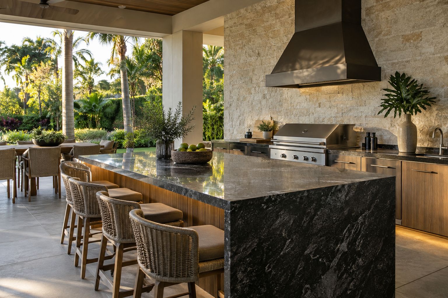 Charcoal granite island, warm wood cabinets, limestone wall and concrete floor in a palm-lined lanai kitchen