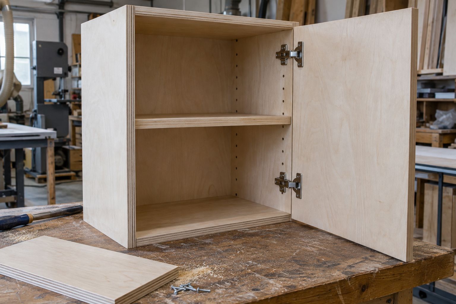 Design visualization: An unfinished cabinet box with adjustable shelf holes and concealed hinge hardware