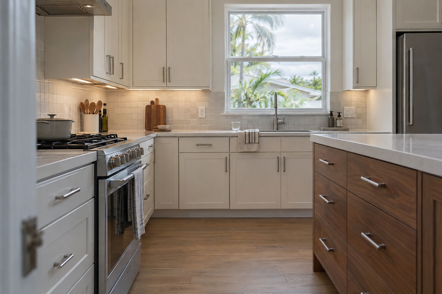 Photorealistic design visualization of off-white kitchen cabinets and walnut island drawers in window light