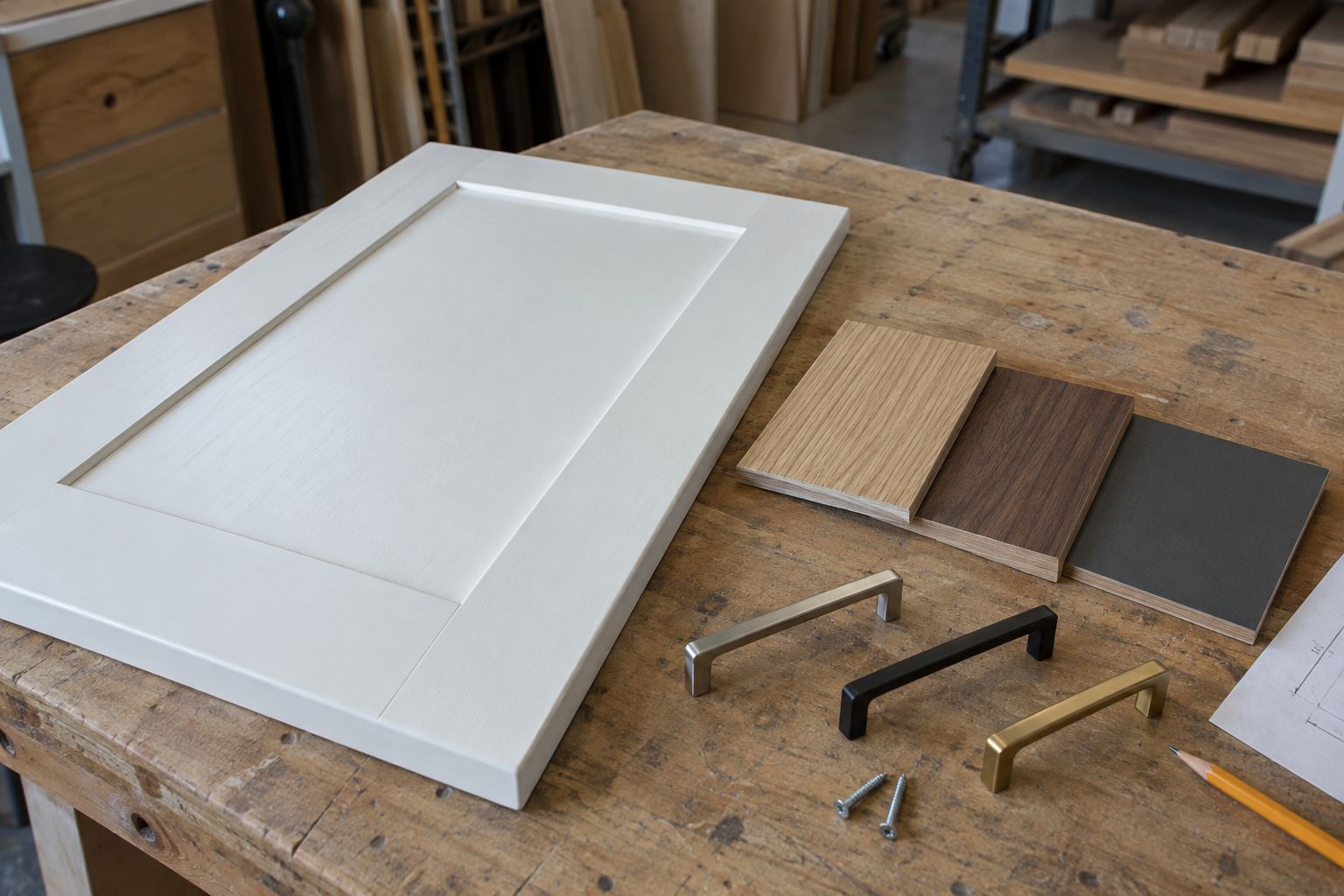 Design visualization: Painted cabinet door and wood veneer samples beside three hardware finishes