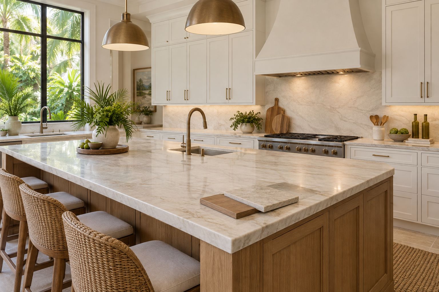 Pale stone kitchen island with an oak base, ivory cabinets and coordinated bronze lighting