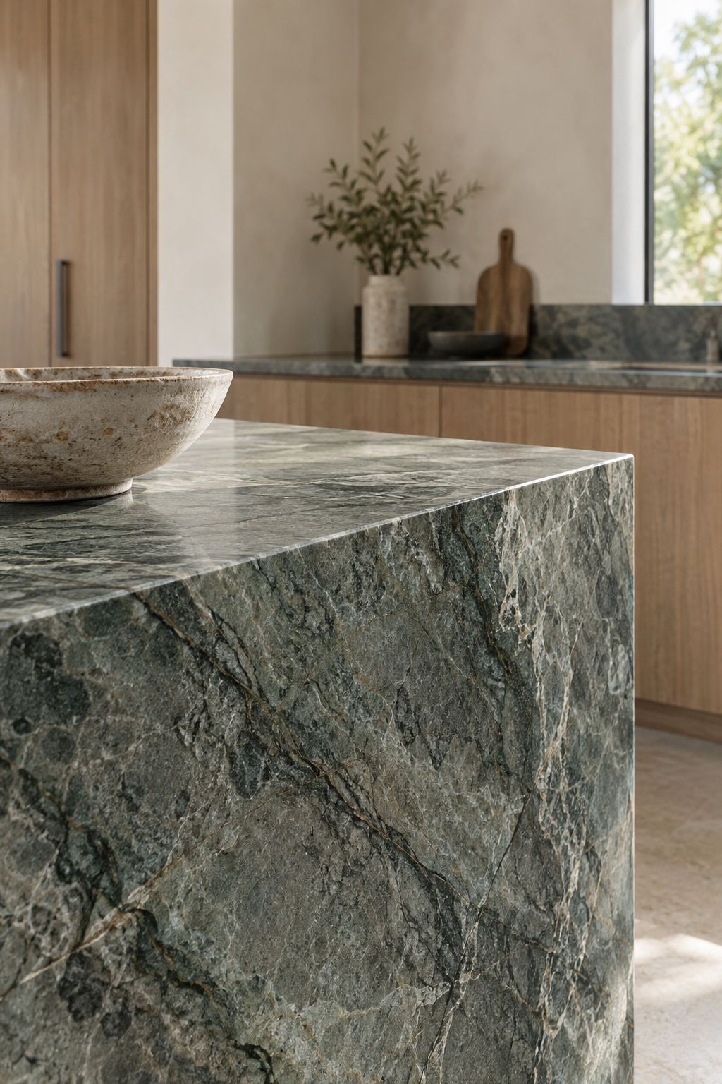 Green-gray quartzite waterfall corner with flowing mineral veins, a ceramic bowl and light oak cabinetry
