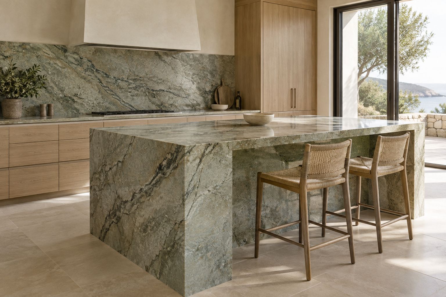 Green-gray quartzite waterfall island and matching full-height backsplash with oak cabinets