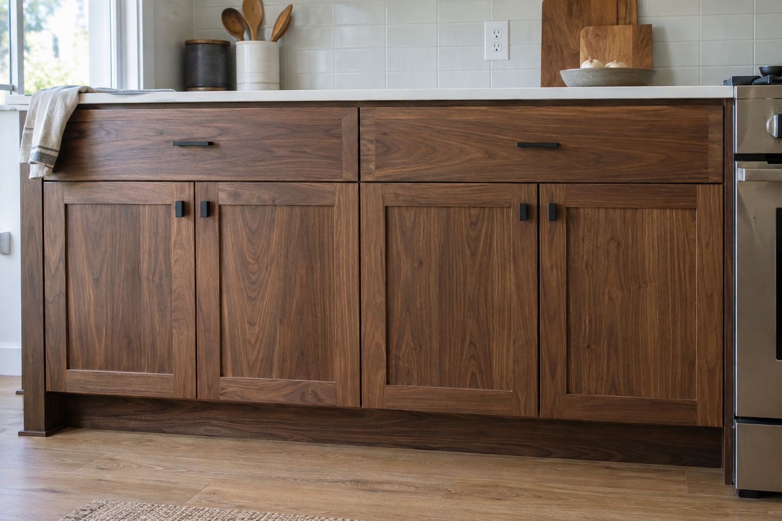 Design visualization: Walnut cabinet fronts, black pulls and a pale countertop seen at working height