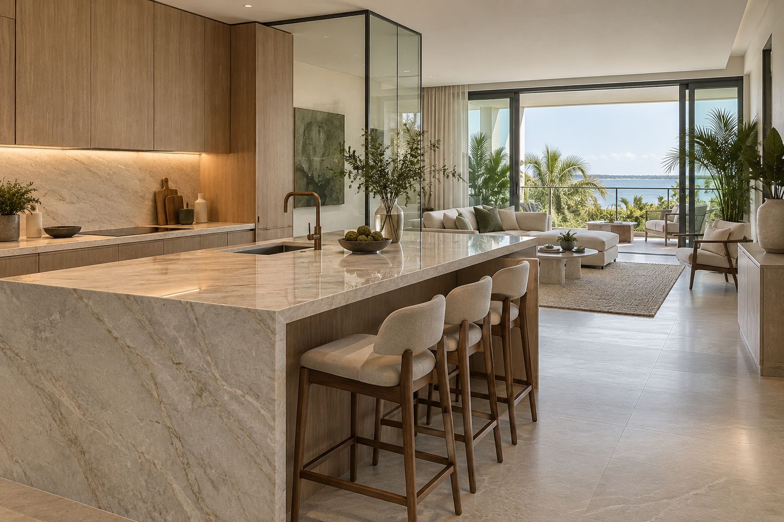 Pale stone waterfall island with oak cabinetry, clear glass and warm task lighting in a coastal living space.