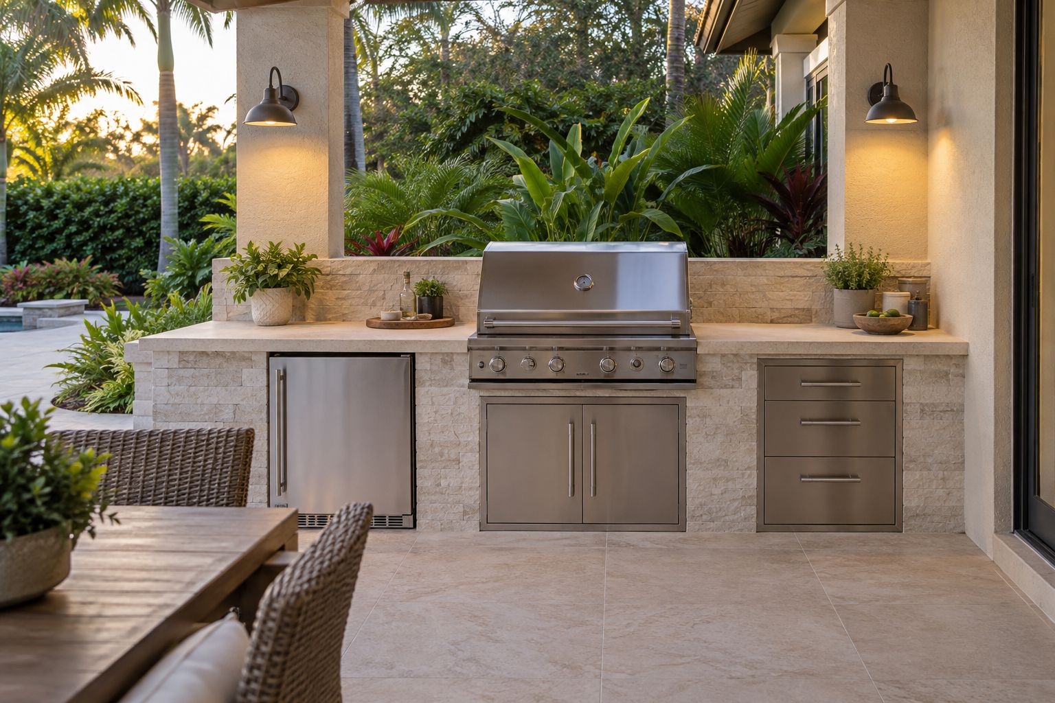 Covered outdoor kitchen with a pale counter, stainless grill, masonry finish and concrete patio