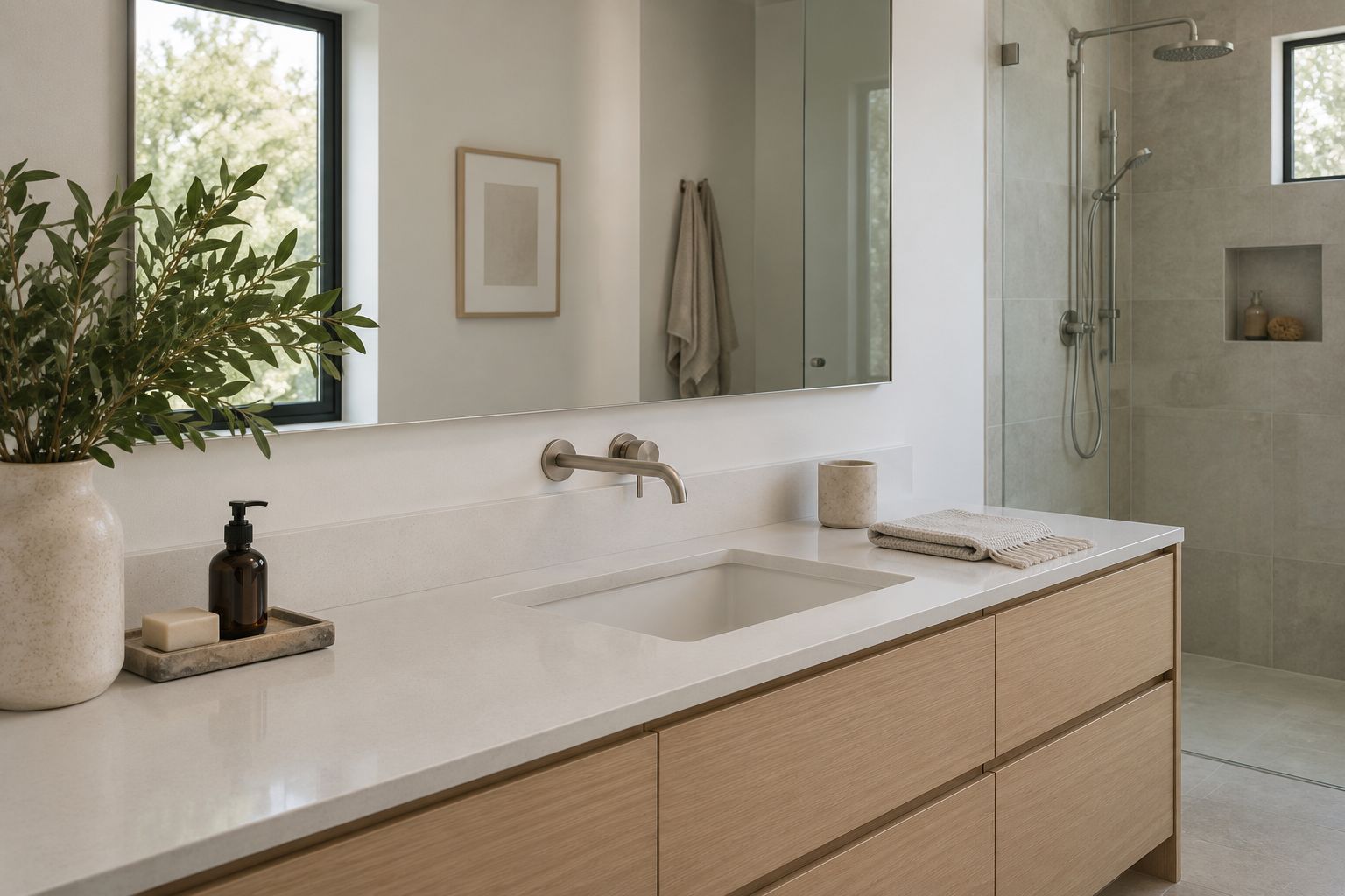 A pale engineered quartz vanity with an undermount basin, light oak cabinetry and nickel fixtures