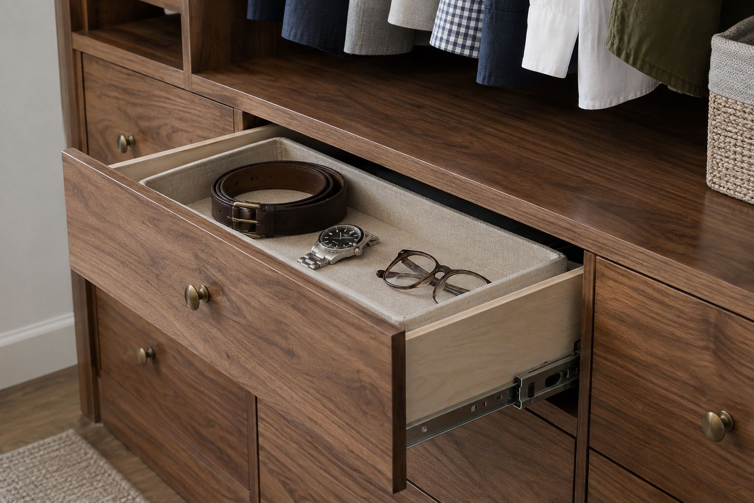 Design visualization: Open walnut closet drawer with a fabric-lined accessory tray and brass pull