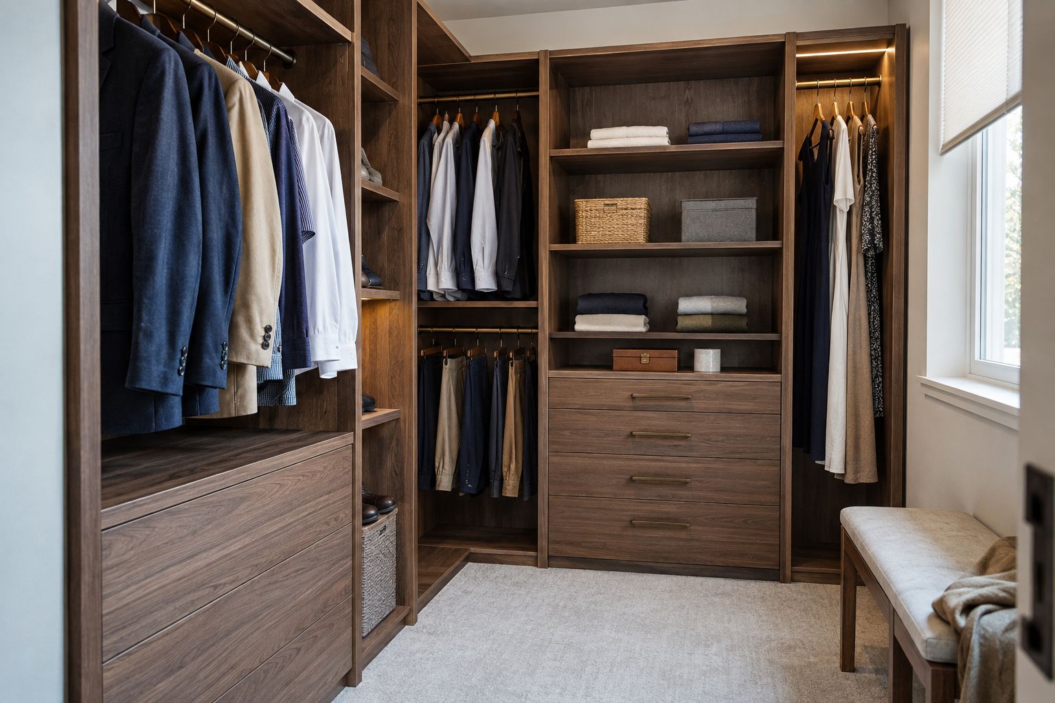Photorealistic design visualization: A walnut wardrobe concept for Fort Myers separates long hanging, folded clothing and accessories without crowding the center of the closet.