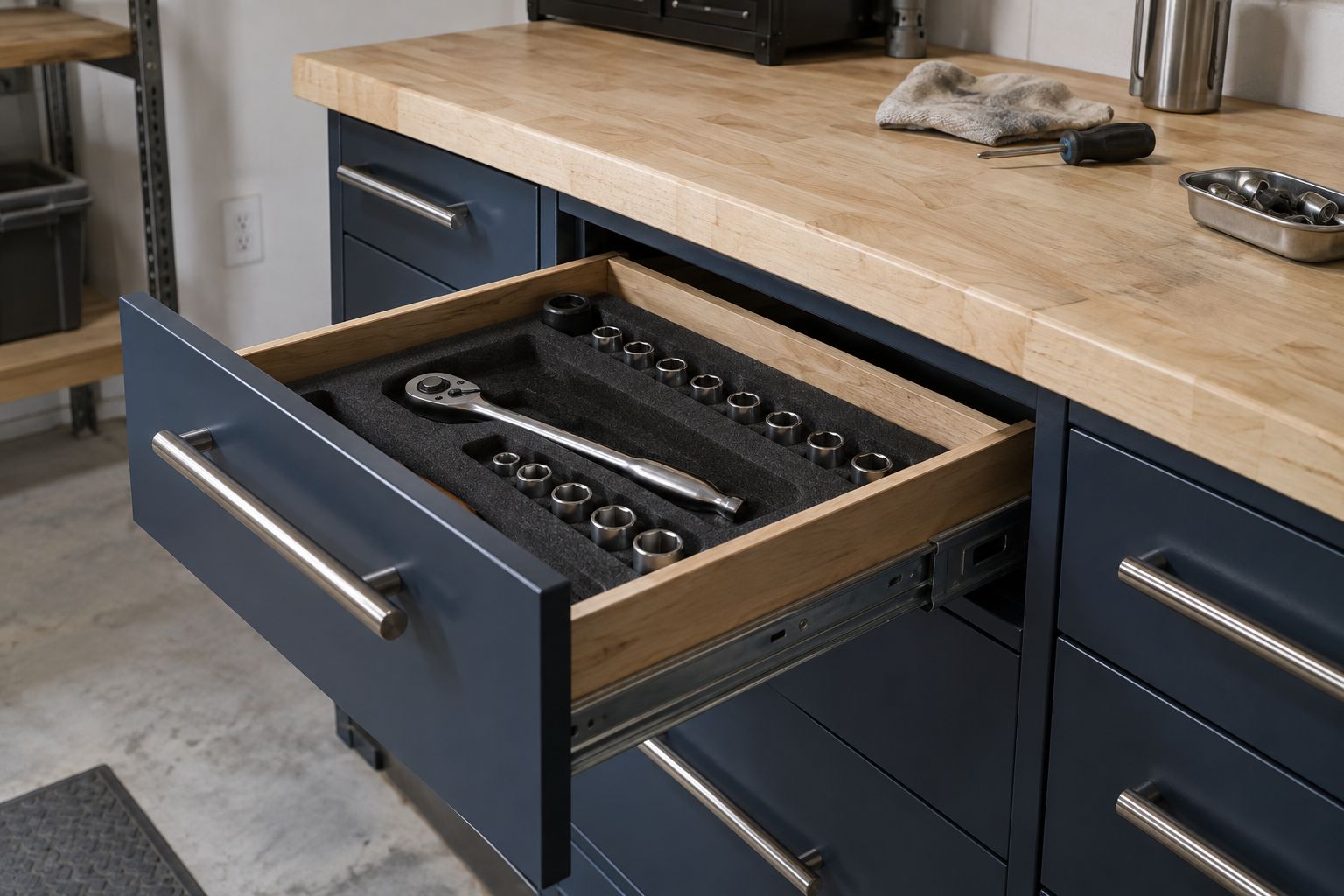 Design visualization: Open tool drawer in navy garage cabinetry with sockets in a molded organizer