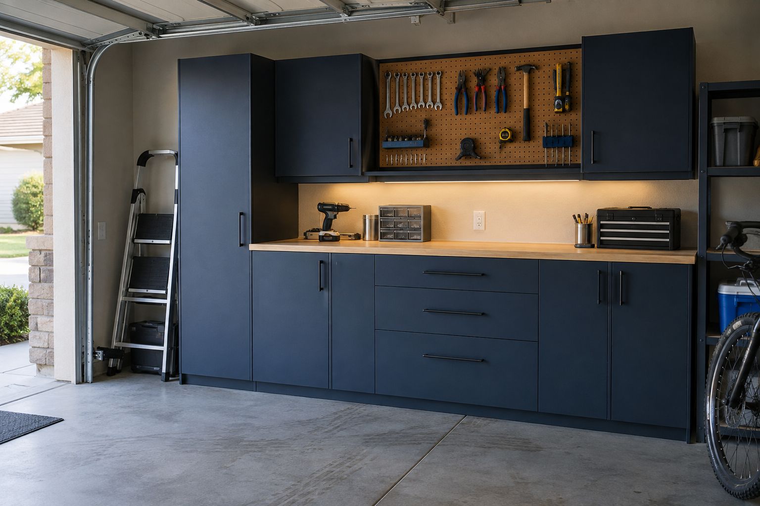Photorealistic design visualization: A navy garage-cabinet concept for Naples gives tools a drawer, equipment a tall bay and small repairs a defined workbench.