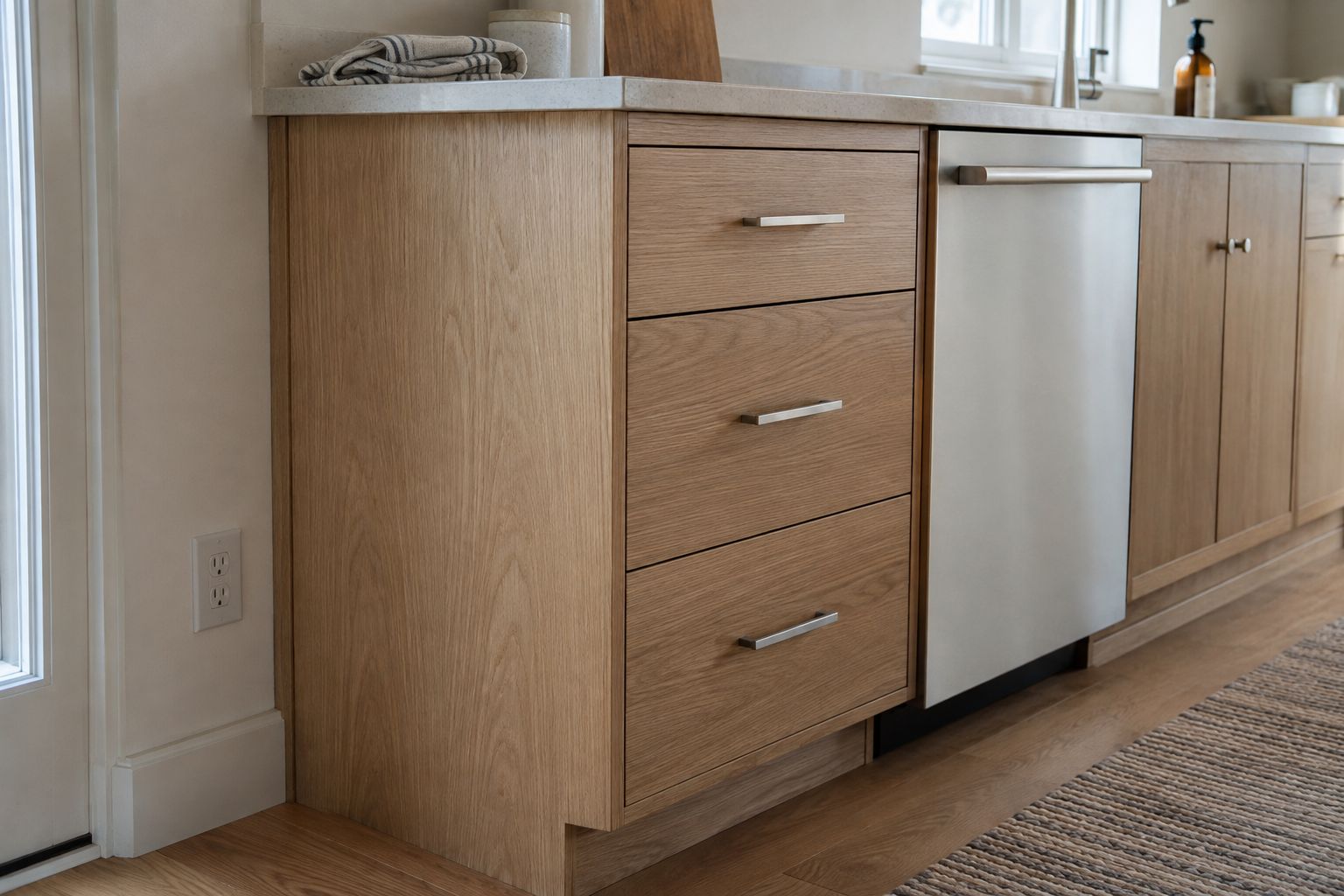 Design visualization: Pale oak kitchen corner with a separate end panel and an adjacent dishwasher opening