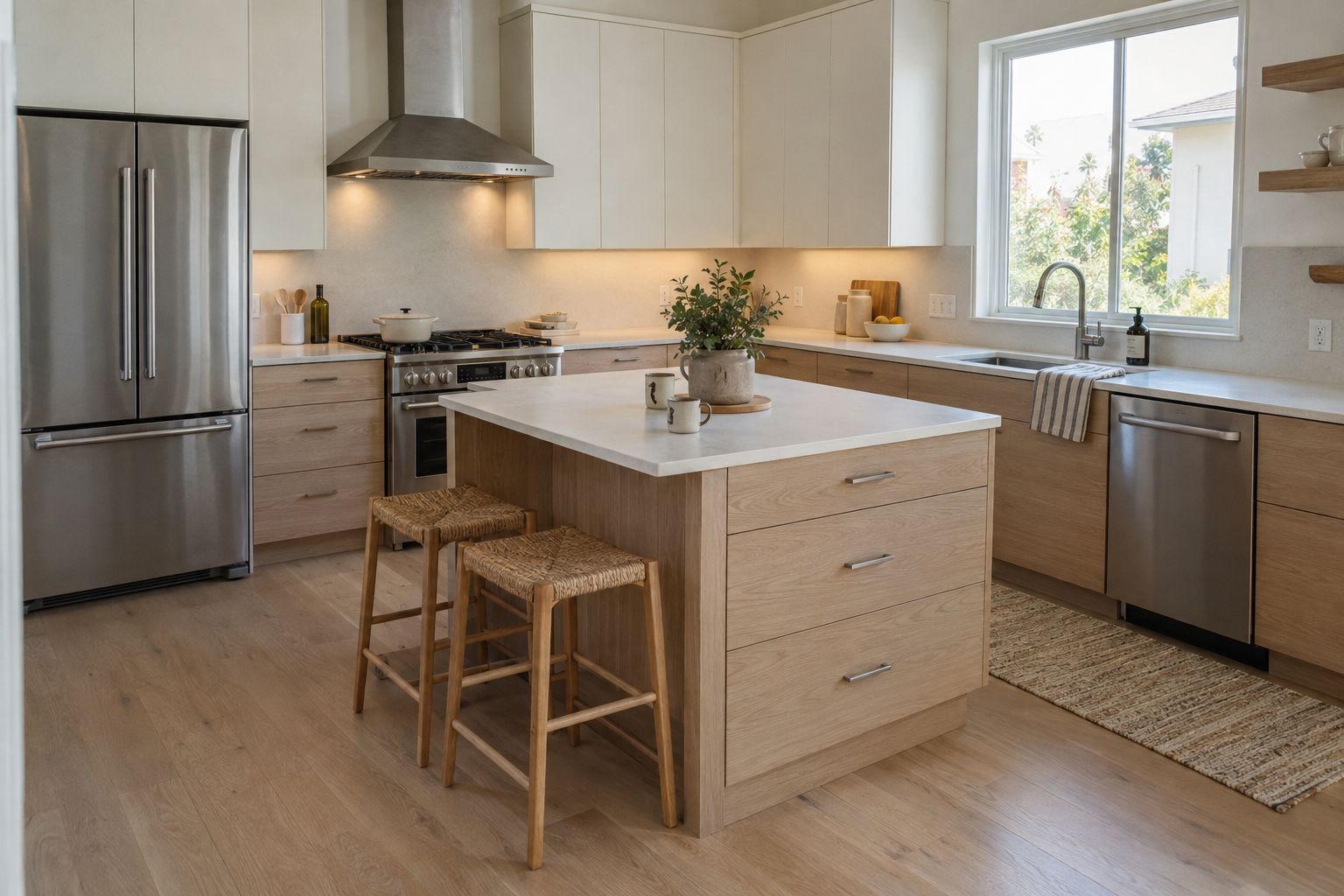 Photorealistic design visualization: A proposed Cape Coral kitchen pairs ivory fronts with pale oak drawers, a compact island and storage organized around everyday cooking.