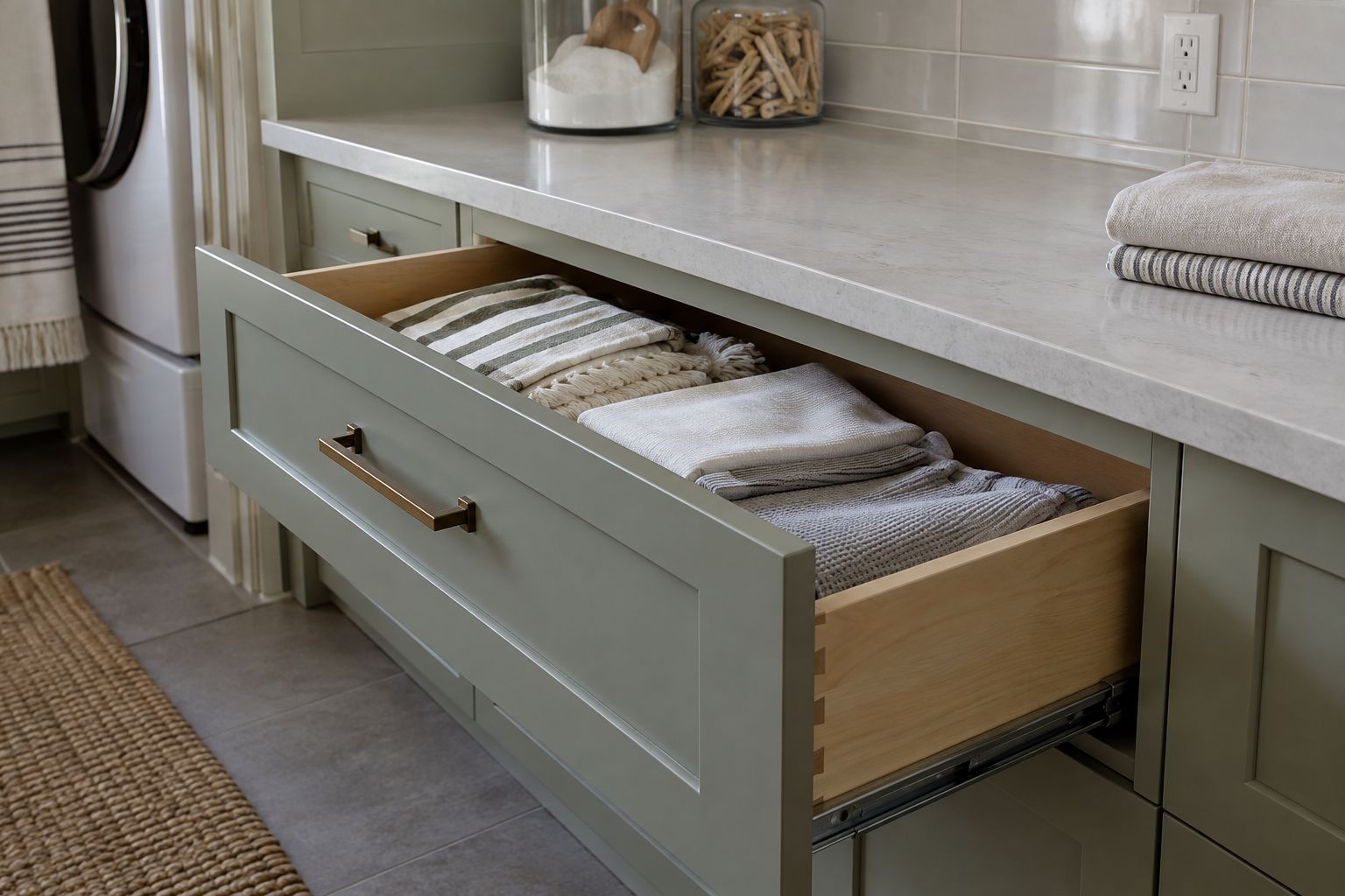Design visualization: Open sage laundry drawer holding distinct folded linens below a pale folding surface