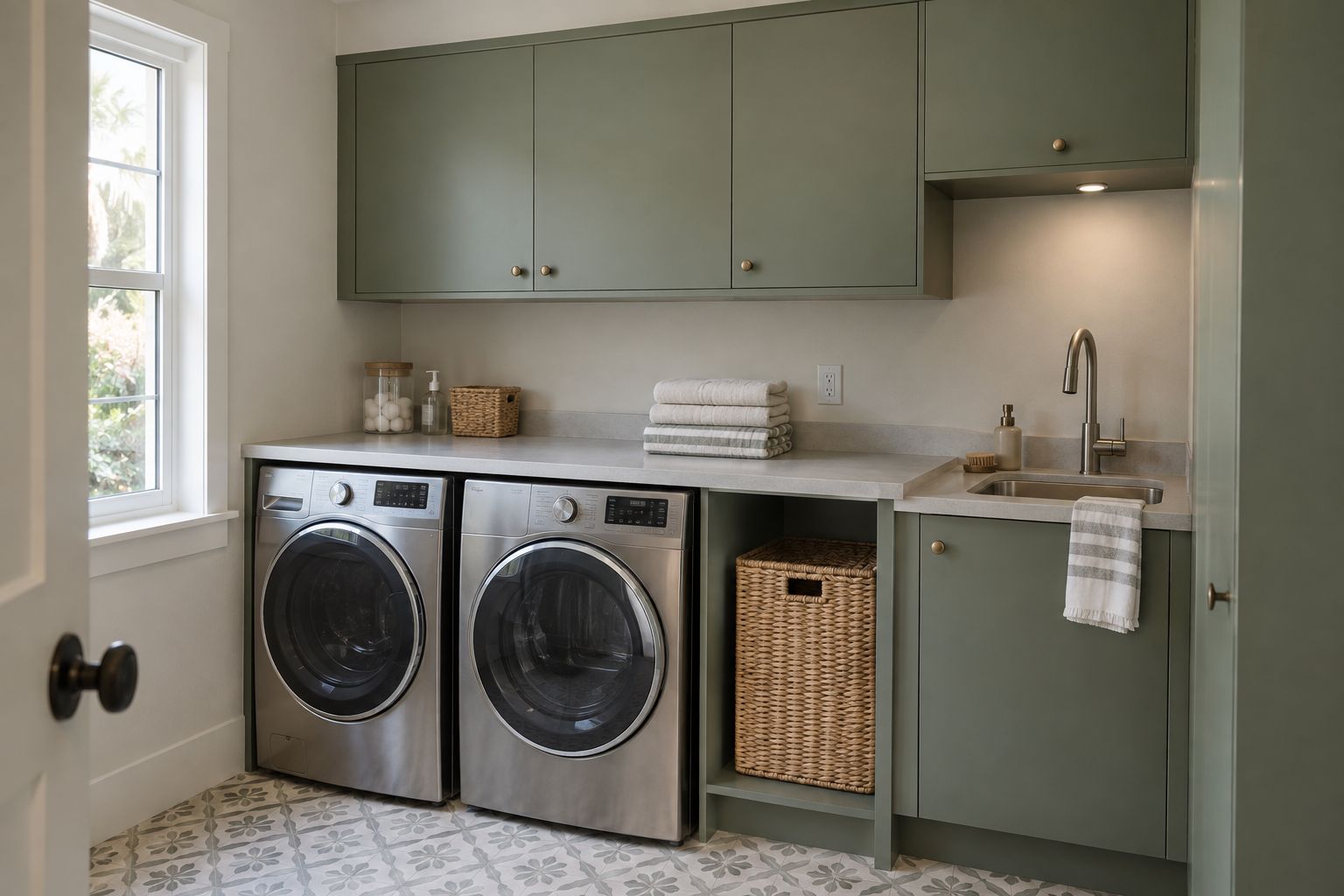 Photorealistic design visualization: A sage laundry-room concept for Bonita Springs combines a folding counter, separate sink cabinet and a place to park the hamper.