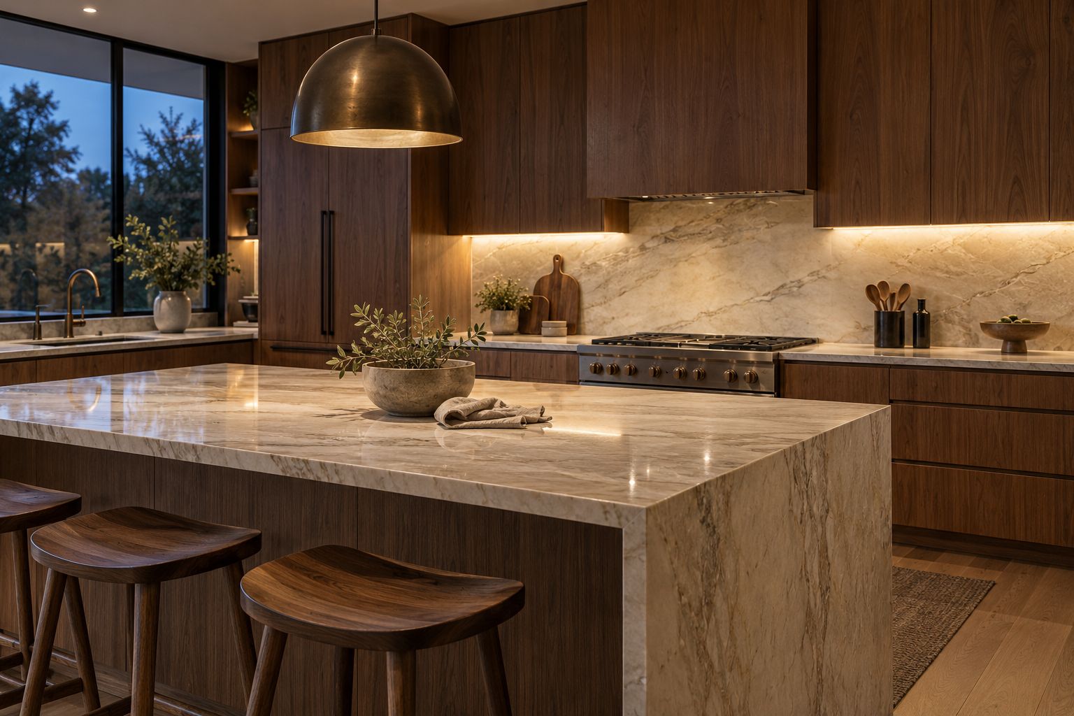 Cream stone waterfall island and walnut kitchen lit by concealed cabinet LEDs and a bronze pendant at dusk
