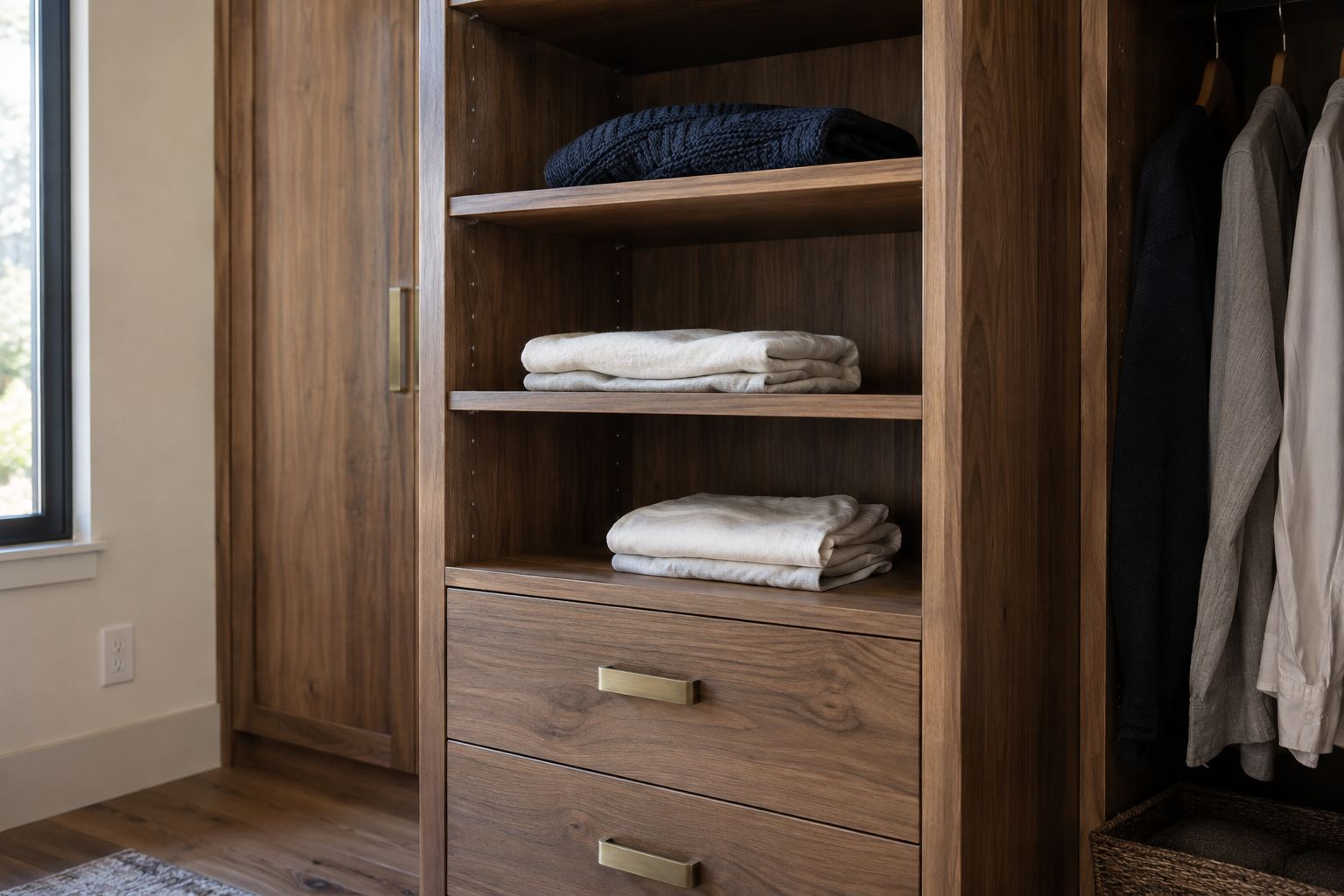 Design visualization: Walnut wardrobe shelf and drawer corner with folded knitwear