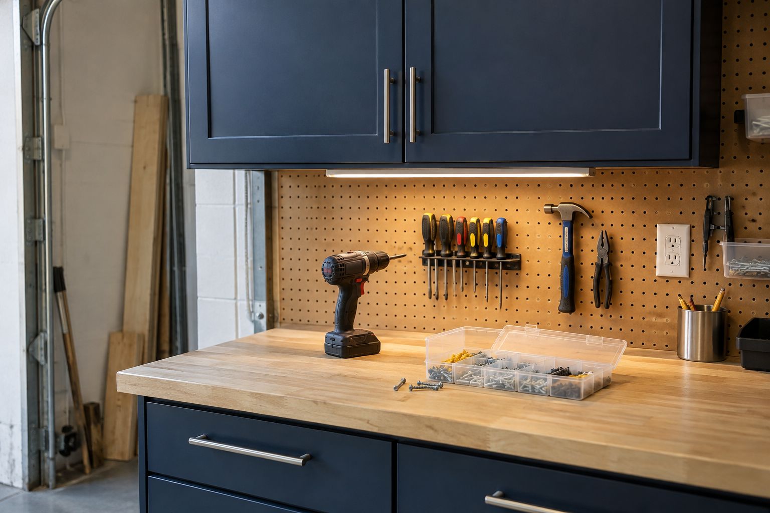 Design visualization: Navy garage wall cupboard and maple workbench with a compact drill