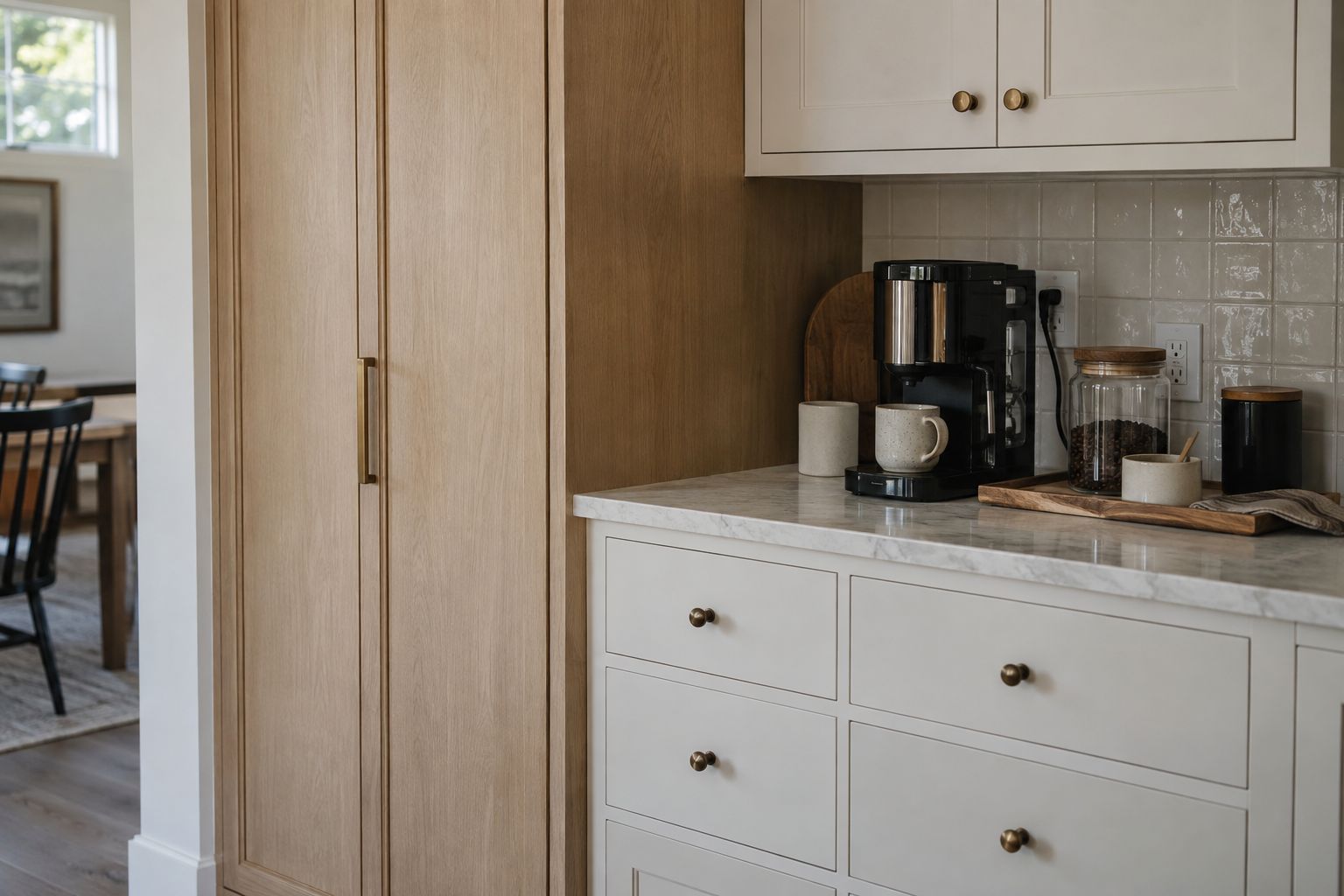 Design visualization: Oak kitchen pantry and ivory drawers with a coffee-making corner